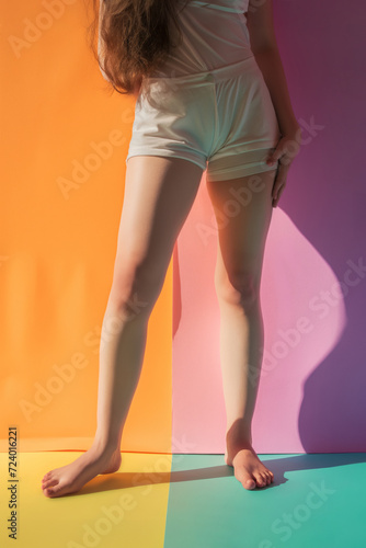 Females legs in shorts on multicolored background.