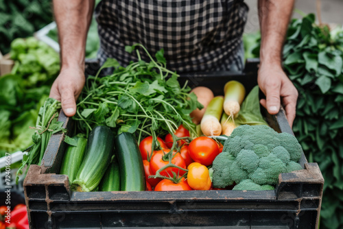 Close-up of a crate full of fresh, assorted vegetables held by a farmer.