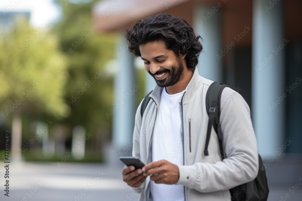 A man wearing a backpack is focused on his cell phone, completely absorbed in its contents. A man wearing a backpack is focused on his cell phone, completely absorbed in its contents.