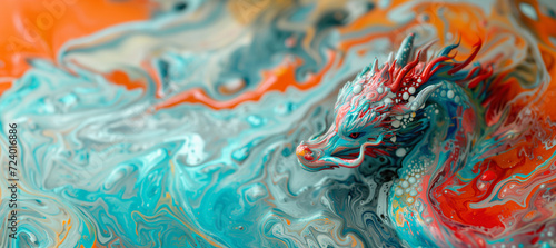 a dragon made of liquid paint colorful on melting colors background as Chinese new year concept.