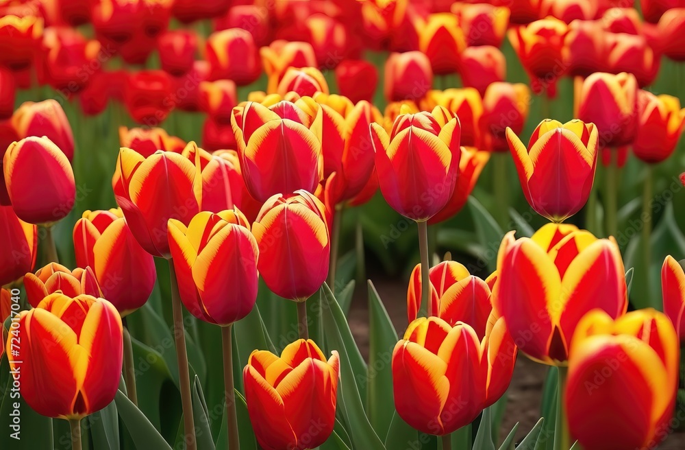 Colorful tulip flowers bloom in the spring  field. Beautiful tulips background