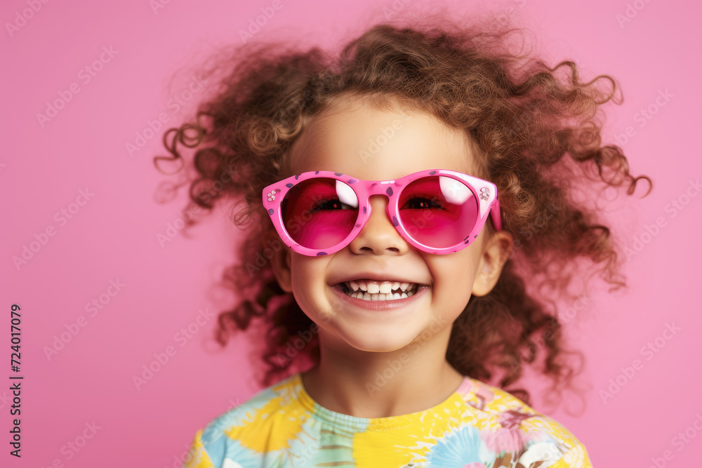 A joyful little girl with pink sunglasses wearing a big smile, captured in an outdoor setting.