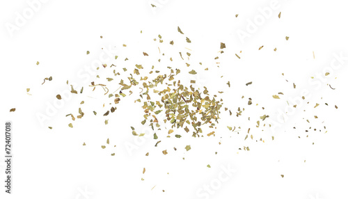 Dried and chopped up basil spice pile isolated on white background, top view