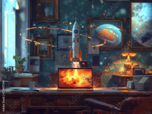 Rocket Launch from Laptop Concept in Vintage Study. © MOMO