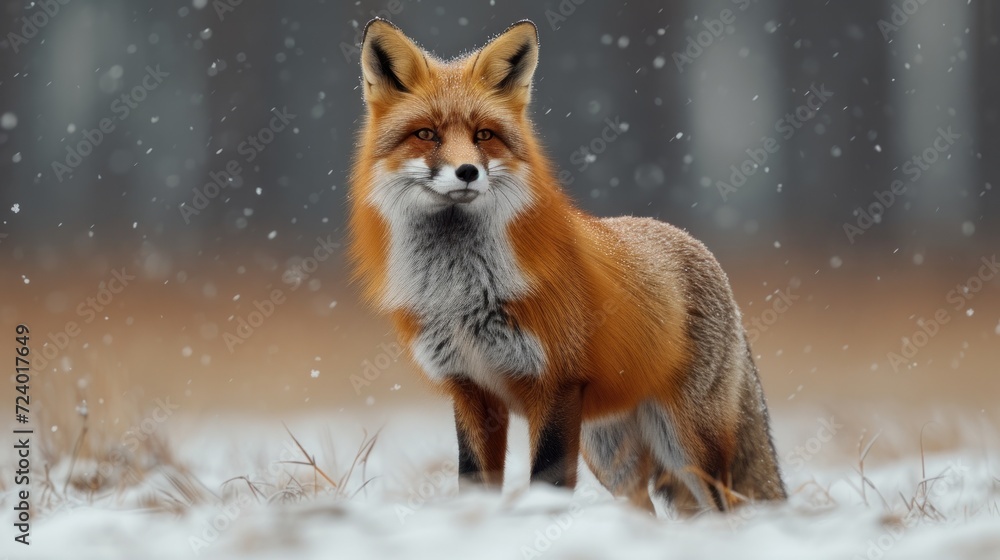  a close up of a fox in a field of snow with trees in the background and snow flakes on the ground and grass in front of the foreground.