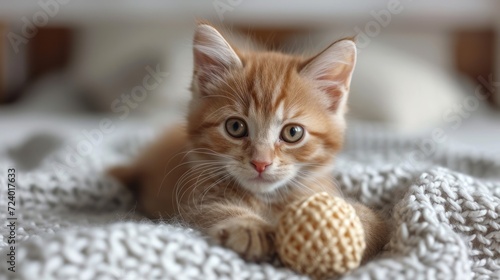  a small orange kitten laying on top of a blanket with a ball of yarn in it's paws, looking at the camera, with a blurry background.