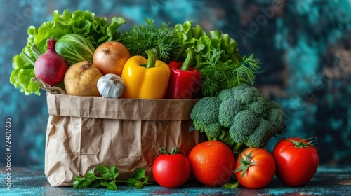  a bag full of fresh vegetables sitting on a table next to a pile of tomatoes  broccoli  broccoli  peppers  and cauliflower.