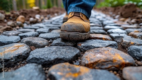  a close up of a person s feet walking on a cobblestone road with trees in the backgrouch and dirt on either side of the road.