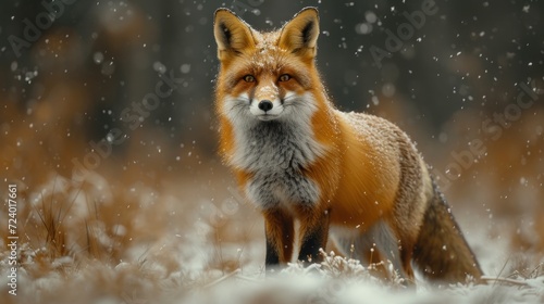  a close up of a fox standing in a field of grass with snow on the ground and trees in the background with snow falling on the grass and the ground.