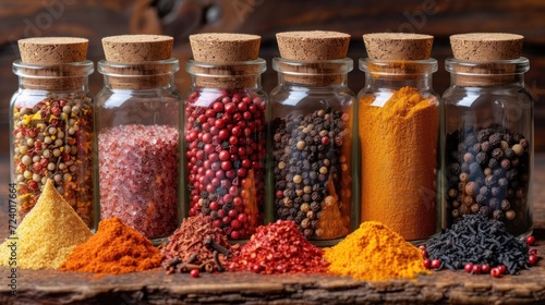  a row of glass jars filled with different types of spices on top of a wooden table next to a pile of peppercorn and other spices on top of wood.