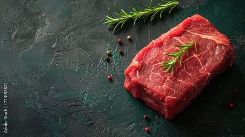  a piece of raw meat with a sprig of rosemary next to it on a black surface with a sprig of rosemary sprig of rosemary.