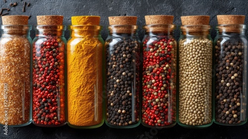  a row of glass jars filled with different types of spices next to each other on top of a black stone surface with a chalkboard in the middle of it.