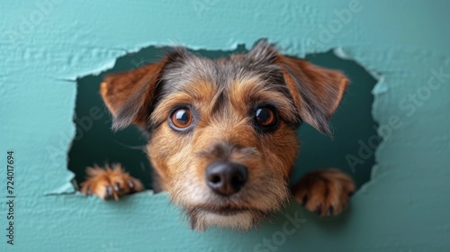  a close up of a dog looking through a hole in a wall with its paws on the side of the wall and it's paw up to the dog's head.