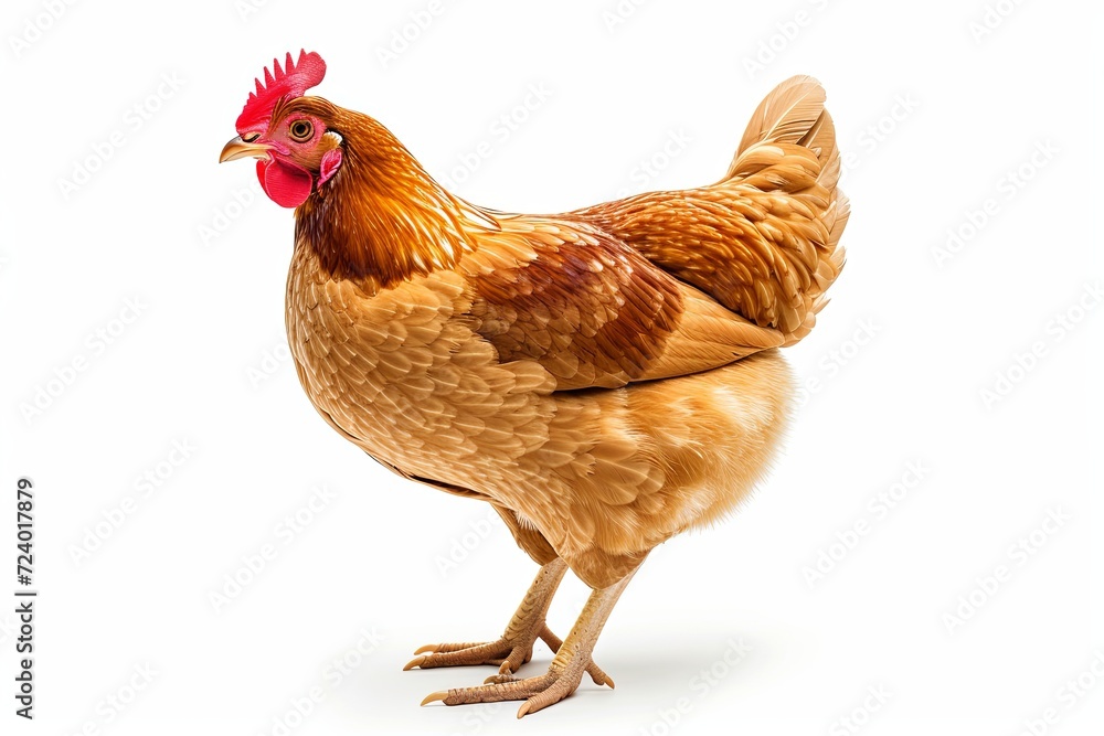 full body of brown chicken hen standing isolated white background