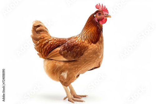full body of brown chicken hen standing isolated white background photo