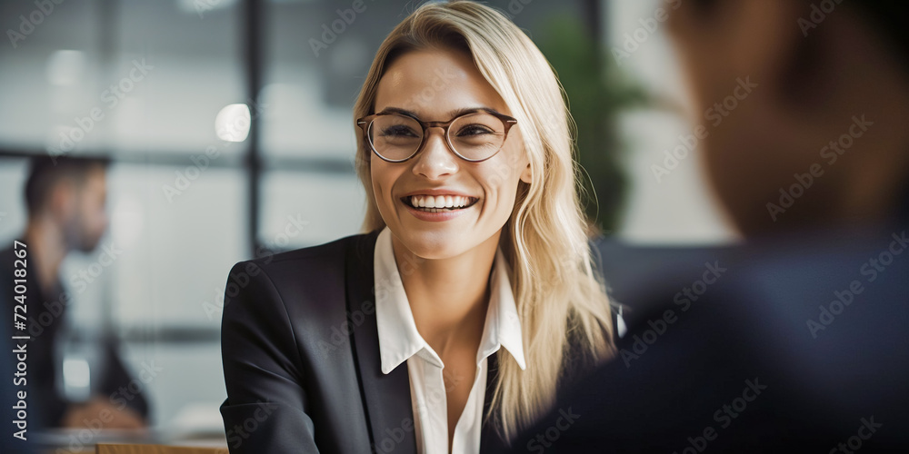 Portrait of attractive blondie haired female entrepreneur smiling to her colleague on office indoor background. Confident businesswoman. Web banner template. Portrait of attractive blondie haired female entrepreneur smiling to her colleague on office indoor background. Confident businesswoman. Web banner template.