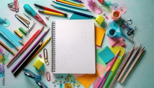 an art table with a notebook with colored pencils 