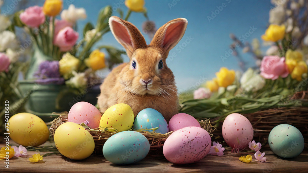 Easter bunny and pastel colorful eggs