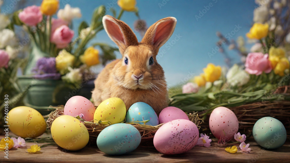 Easter bunny and pastel colorful eggs Easter bunny and pastel colorful eggs