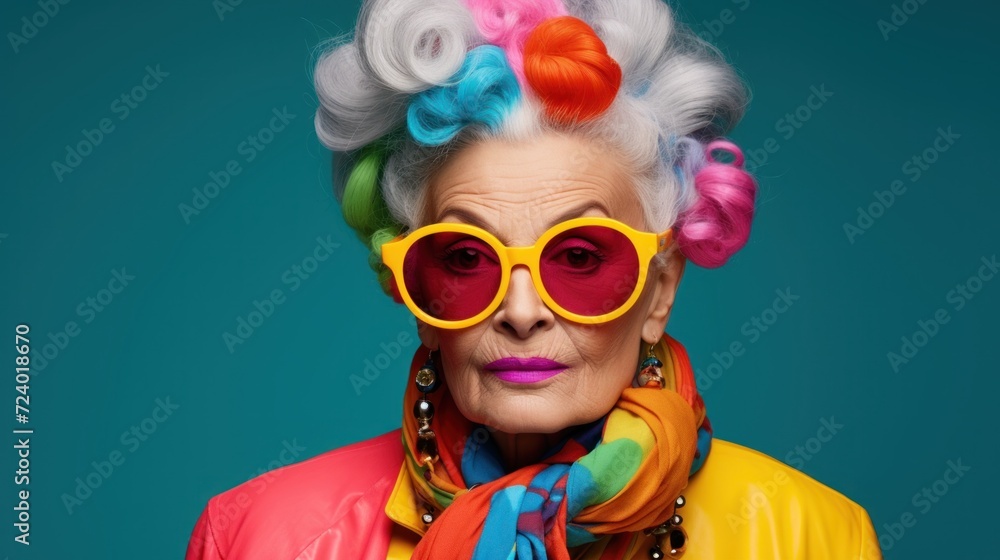 Beautiful fashionable senior woman with bright colorful makeup.