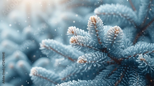 Close-up of snow-covered fir tree branches against blurred background of falling snow