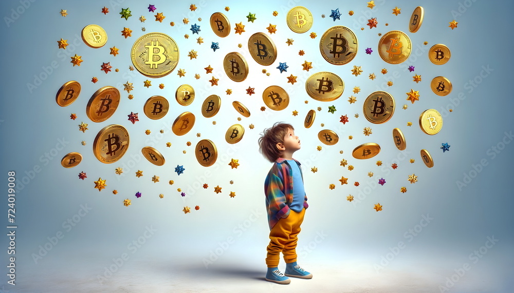 flying bitcoins over child head isolated on white background - obrazy, fototapety, plakaty 