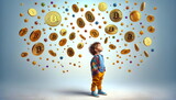 flying bitcoins over child head isolated on white background