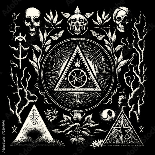 Occult symbols composition in dotwork style. Abstract mystic elements, Skull, leaves and sacred triangle with eye in retro flat lay composition.