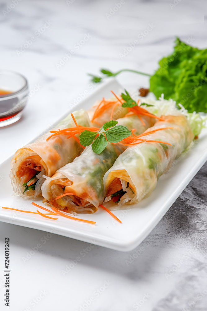 Raw Spring rolls with vegetables on the white table Raw Spring rolls with vegetables on the white table