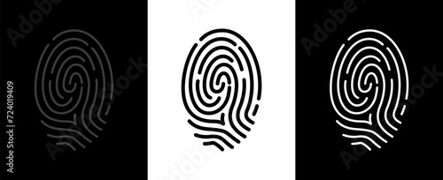 Fingerprint icons set (dactylogram). Identification, police or forensics symbol. Biometric data. Attribute of detective, criminal or access level.