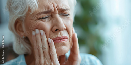 Senior woman old lady pressing sore cheek, suffering acute toothache, periodontal disease, cavities or jaw pain. Indoor studio shot isolated on blue background. Dental problems