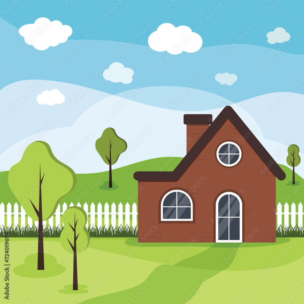 Vector illustration of a rustic brick house on a background of fields, trees and clouds.