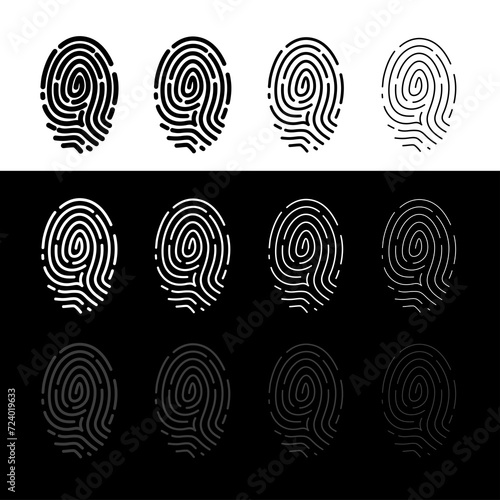 Fingerprint icons set (dactylogram). Identification, police or forensics symbol. Biometric data. Attribute of detective, criminal or access level.