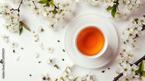 Cup of tea on white background with flowers around