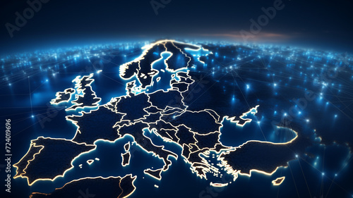 World map from space highlighting Europe, concept of satellite communication and technology