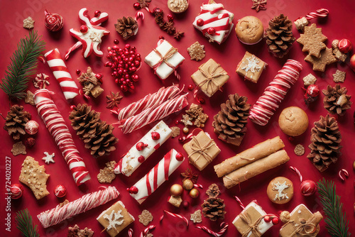 Christmas treats arranged on a festively decorated surface.