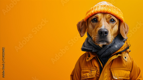 Dog with Jacket and Hat on Orange Background