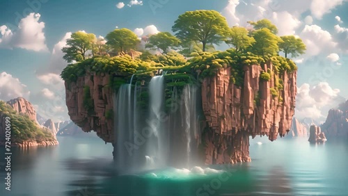 Flying Island. Fantasy paradise land with waterfall, trees, mountains, clouds. Floating tropical land with beautiful scenery. white clouds moving and Island floating in the sky.Magical landscape mp4 photo
