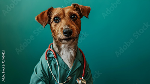 Cute Dog in a Dress with Stethoscope on Green Background photo