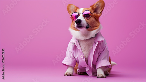 Corgi Dog in Pink Shirt with Pink Sunglasses on Pink Background © vanilnilnilla