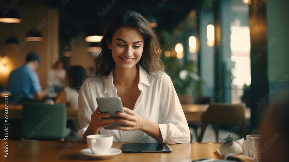 Working life style, pretty and confident woman working in in co-working space or coffee shop. AI generated, copy space for text Working life style, pretty and confident woman working in in co-working space or coffee shop. AI generated, copy space for text