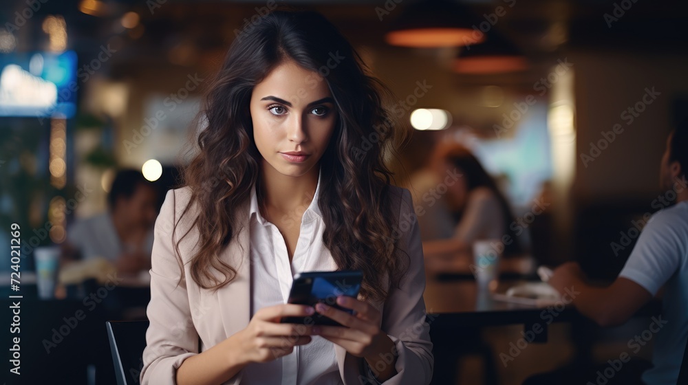 Working life style, pretty and confident woman working in in co-working space or coffee shop. AI generated, copy space for text Working life style, pretty and confident woman working in in co-working space or coffee shop. AI generated, copy space for text
