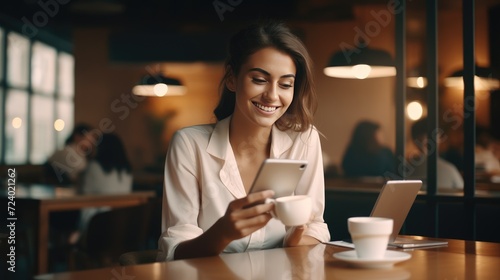 Working life style, pretty and confident woman working in in co-working space or coffee shop. AI generated, copy space for text