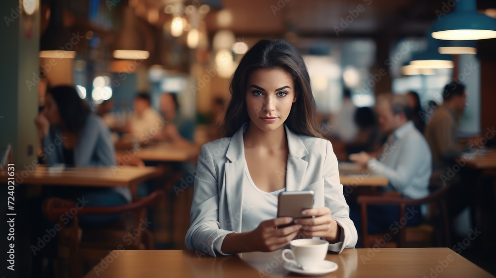 Working life style, pretty and confident woman working in in co-working space or coffee shop. AI generated, copy space for text