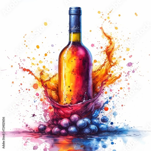 Wine Bottle Illustration with Vibrant Splashes Generative AI