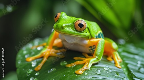 Green Tree Frog on a Wet Leaf