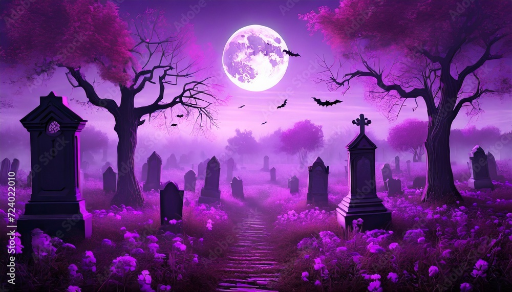 halloween night scene with purple fantasy fog 