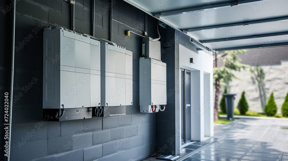 Obraz premium Electric car battery pack on wall in home of garage