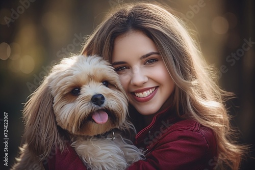 Smiling young woman hugging her dog