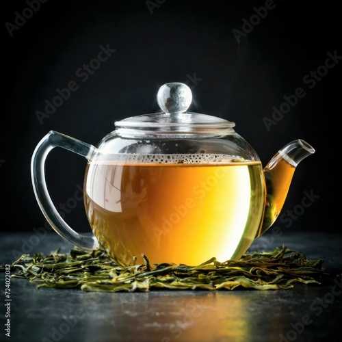 Cup of fresh green tea with green leaves rising above, tea aromatic qualities concept with a tea garden in the background